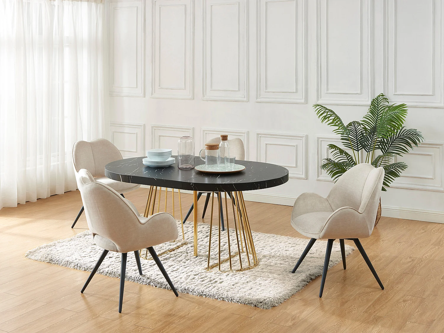 Mesa de jantar extensível 2 a 12 lugares em MDF e aço, efeito mármore preto e dourado - FIRELA