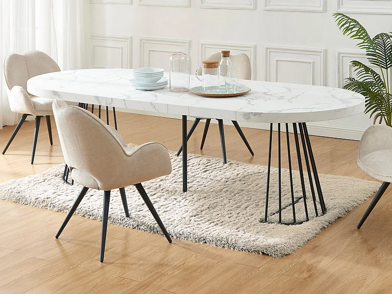 Uitschuifbare eettafel 2 tot 12 plaatsen van mdf en staal - Wit marmereffect en zwart - FIRELA