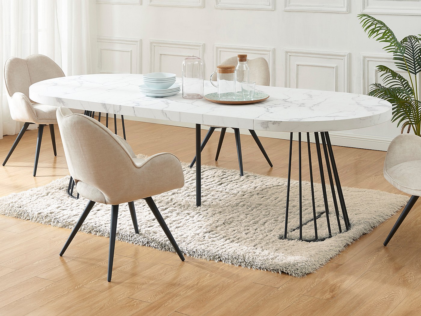 Table extensible 2 à 12 couverts en MDF et acier - Effet marbre blanc ...