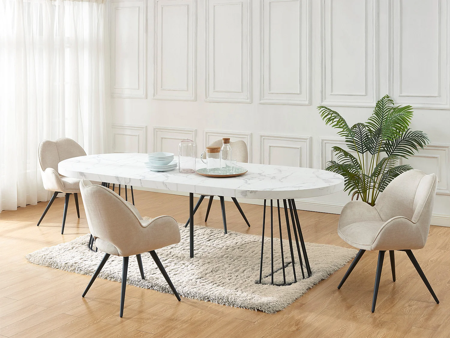 Table à manger extensible 2 à 12 personnes en MDF et acier - Effet marbre blanc et Noir - FIRELA