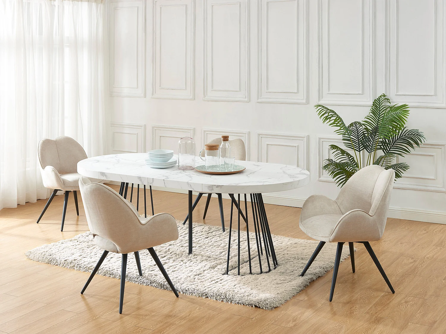 Table à manger extensible 2 à 12 personnes en MDF et acier - Effet marbre blanc et Noir - FIRELA
