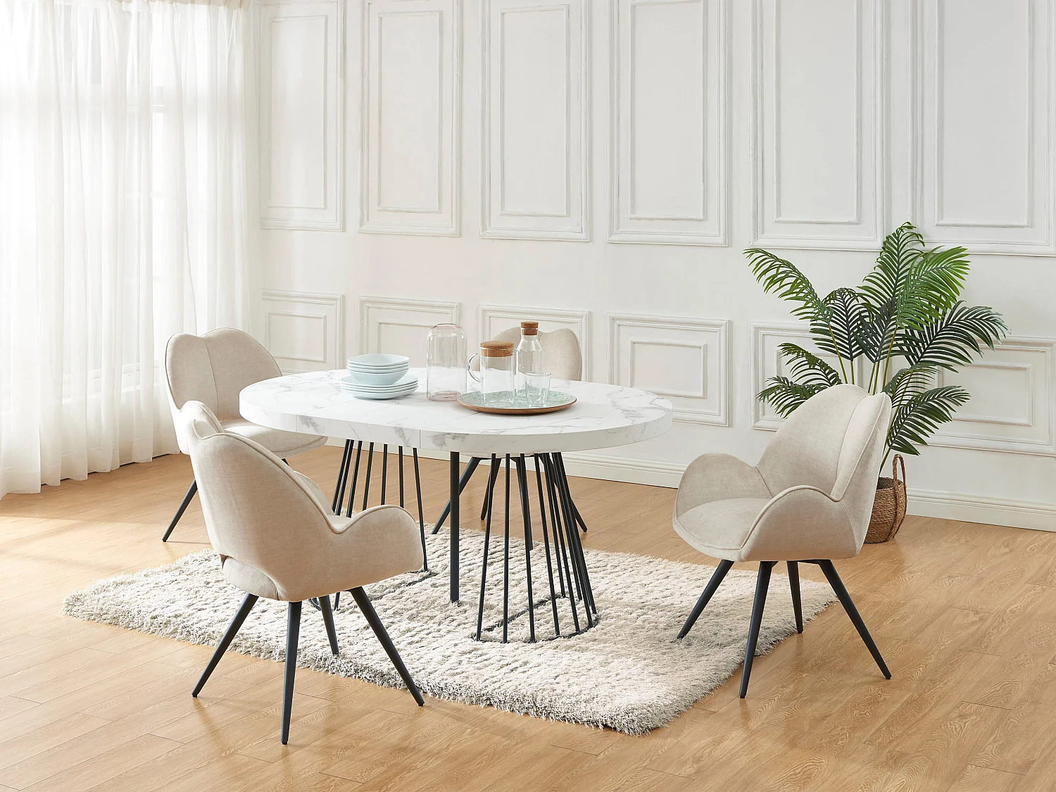 Table à manger extensible 2 à 12 personnes en MDF et acier - Effet marbre blanc et Noir - FIRELA