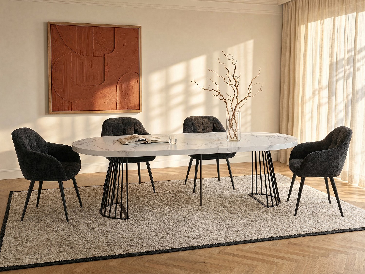 Vente-unique Esstisch ausziehbar - 2 bis 12 Personen - MDF & Stahl - Marmor-Optik Weiß & Schwarz - FIRELA 8673824