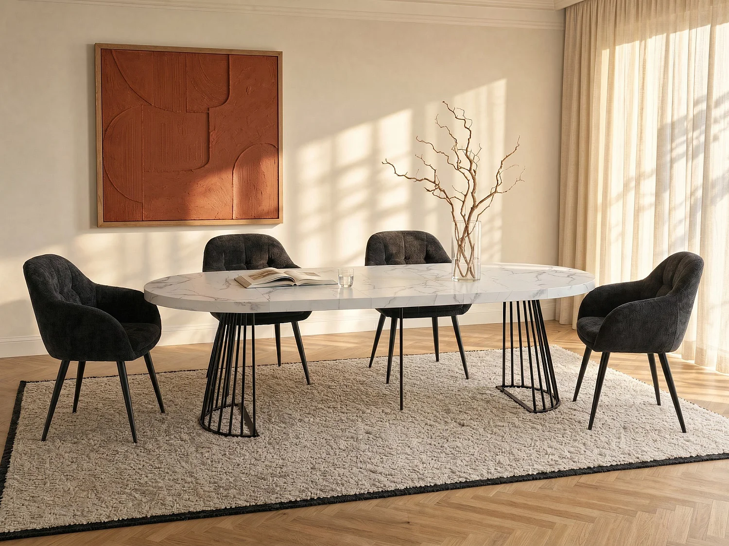 Uitschuifbare eettafel 2 tot 12 plaatsen van mdf en staal - Wit marmereffect en zwart - FIRELA