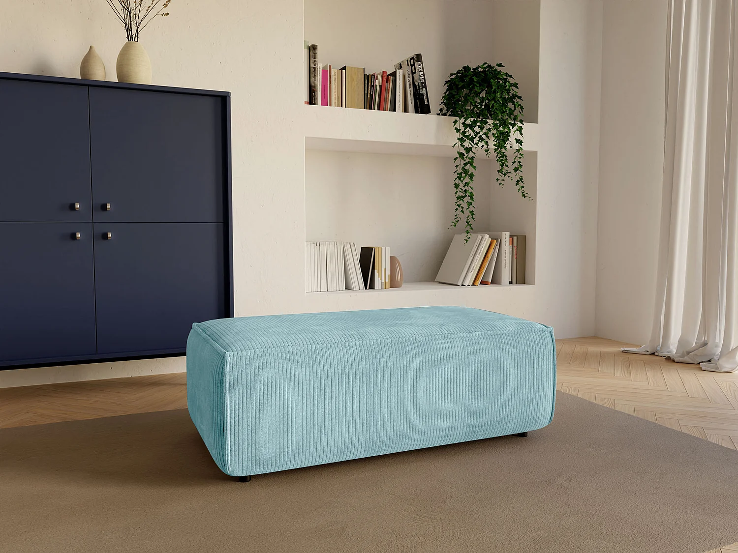 Pouf en velours côtelé bleu turquoise AMELIA