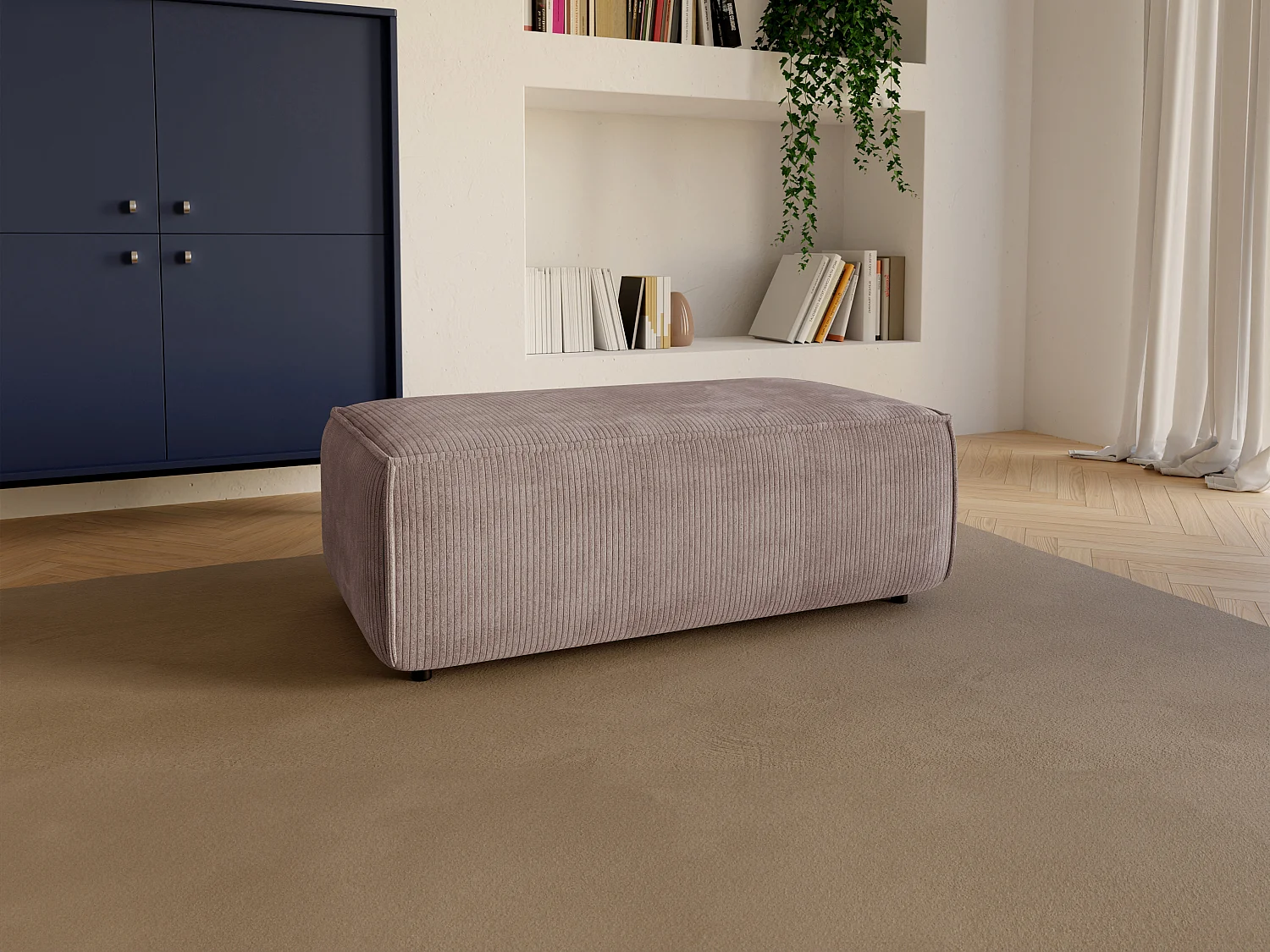 Pouf En Velours Côtelé Gris Anthracite Amelia - 102x69x42 Cm - Structure Bois Et Mousse - Fabriqué En Europe