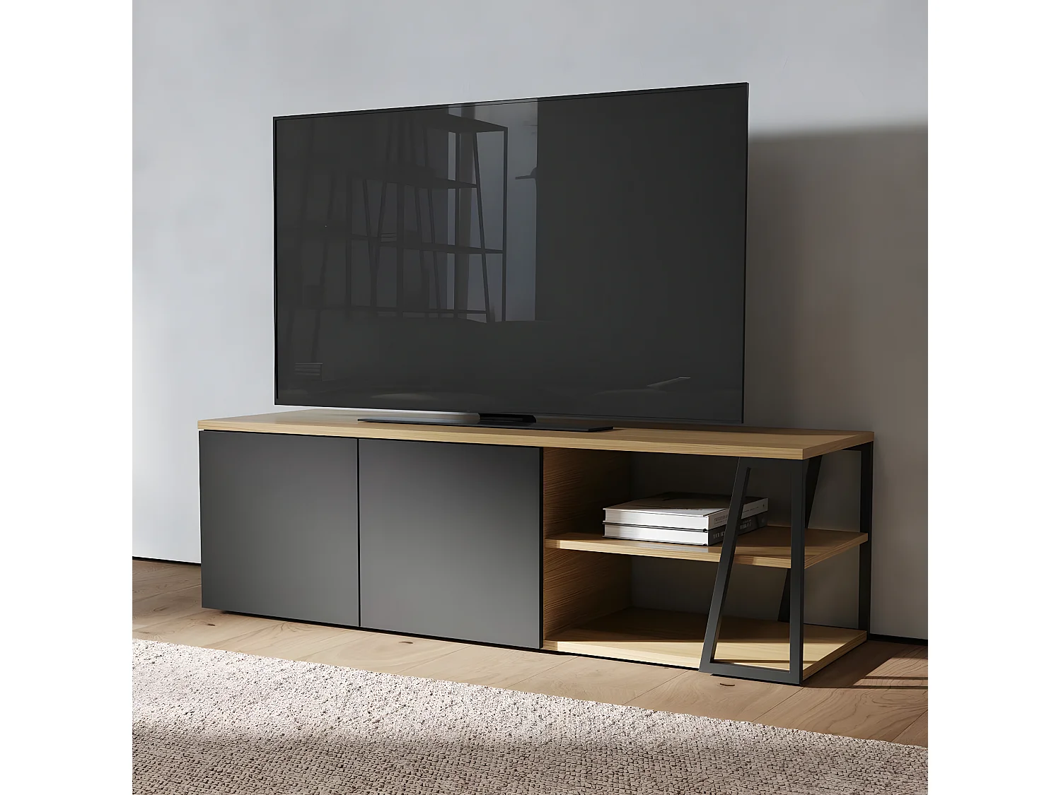 Meuble TV ALBI placage noyer et noir laqué