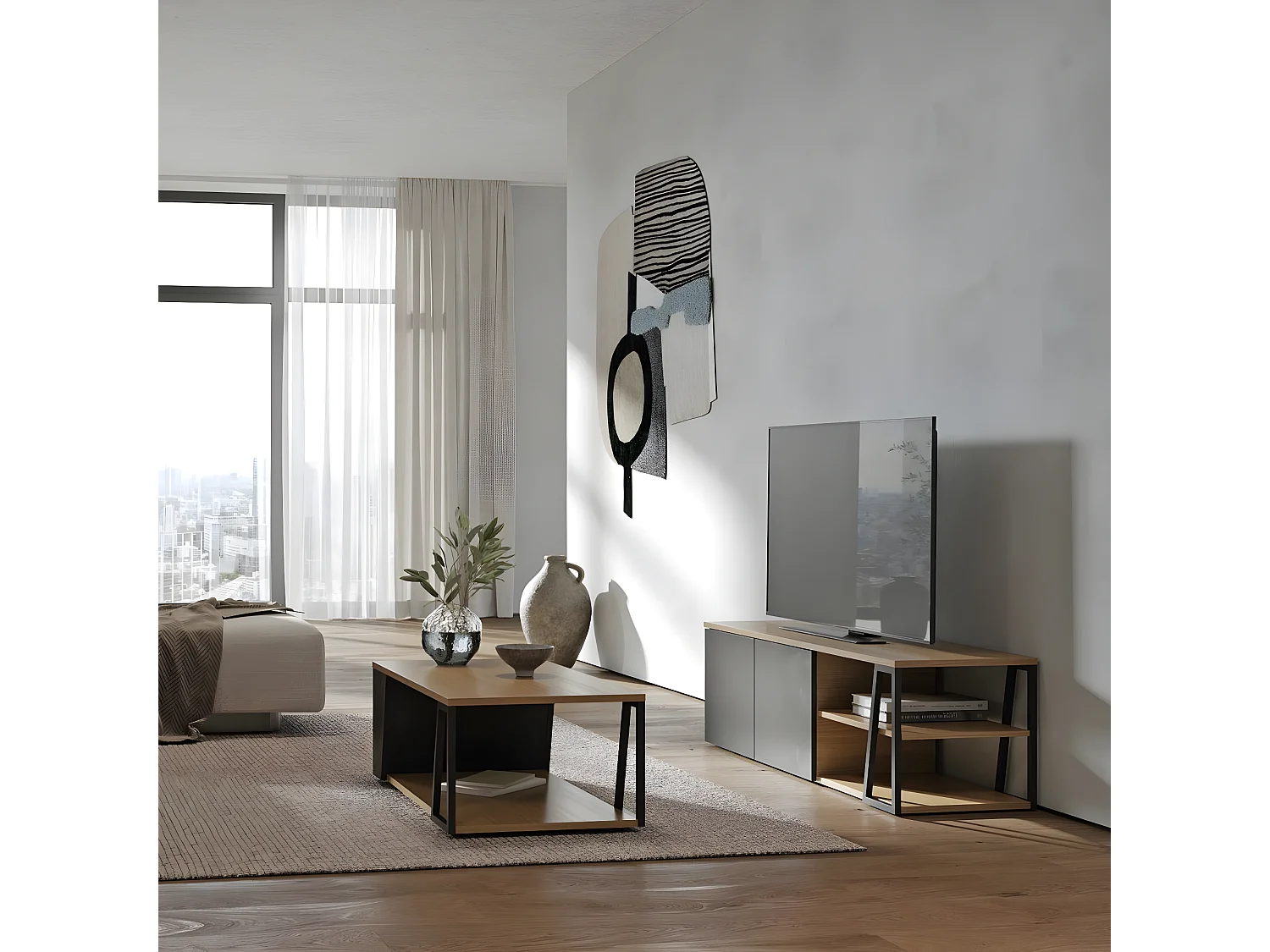 Meuble TV ALBI placage noyer et noir laqué