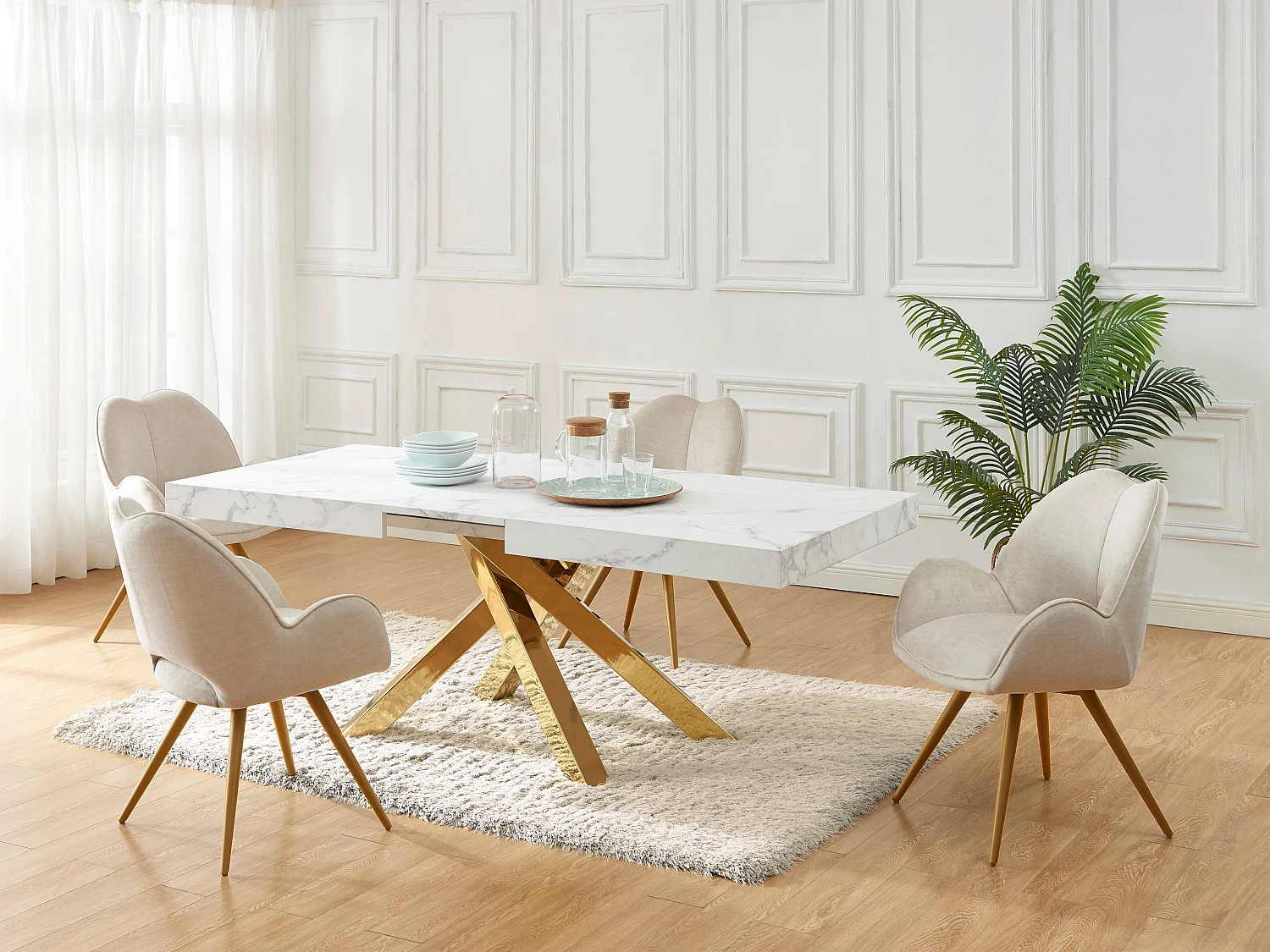 Mesa extensible de comedor 6 a 10 cubiertos de MDF y metal - Efecto mármol blanco y dorado - CATONAV
