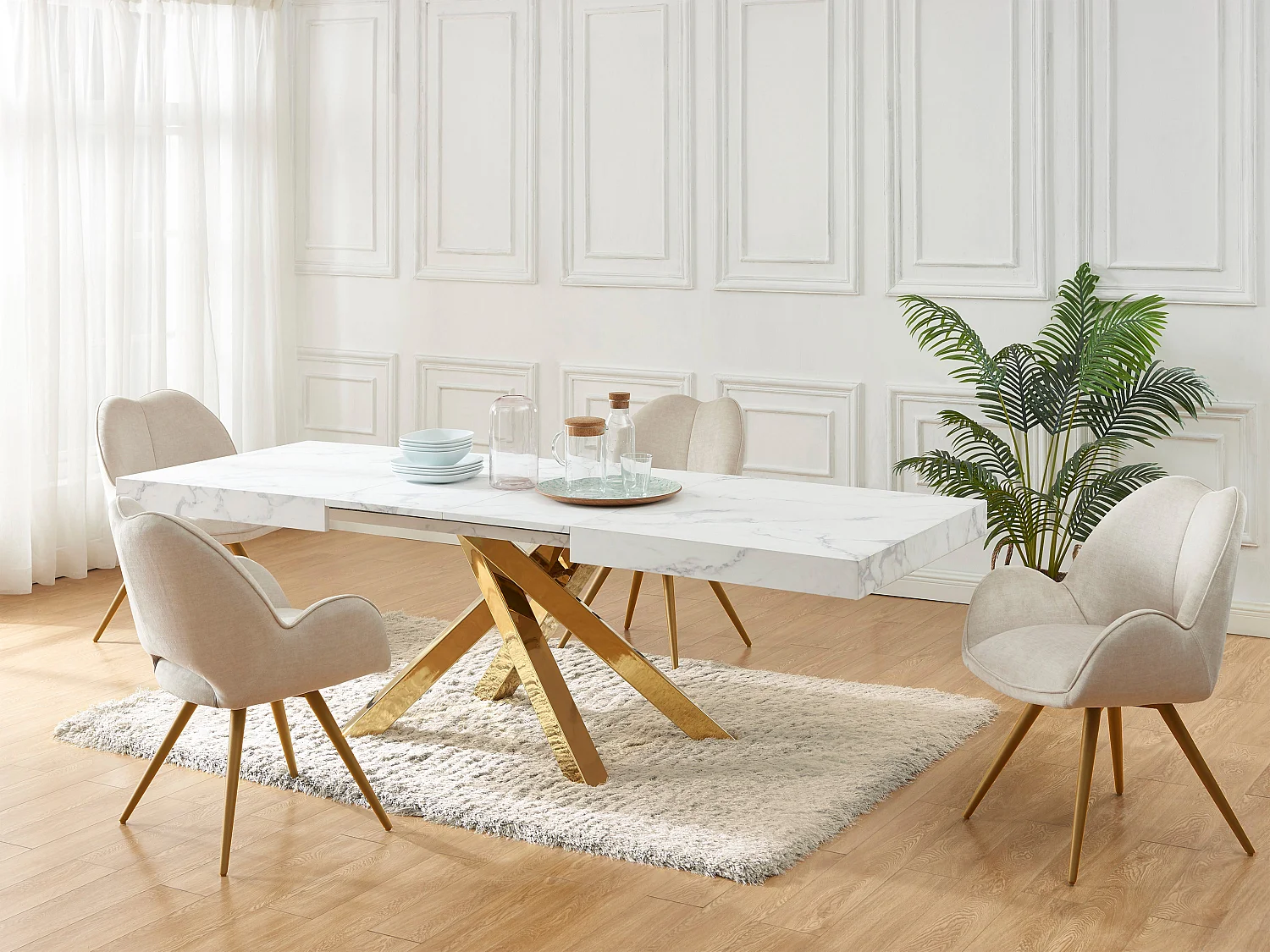 Mesa extensible de comedor 6 a 10 cubiertos de MDF y metal - Efecto mármol blanco y dorado - CATONAV