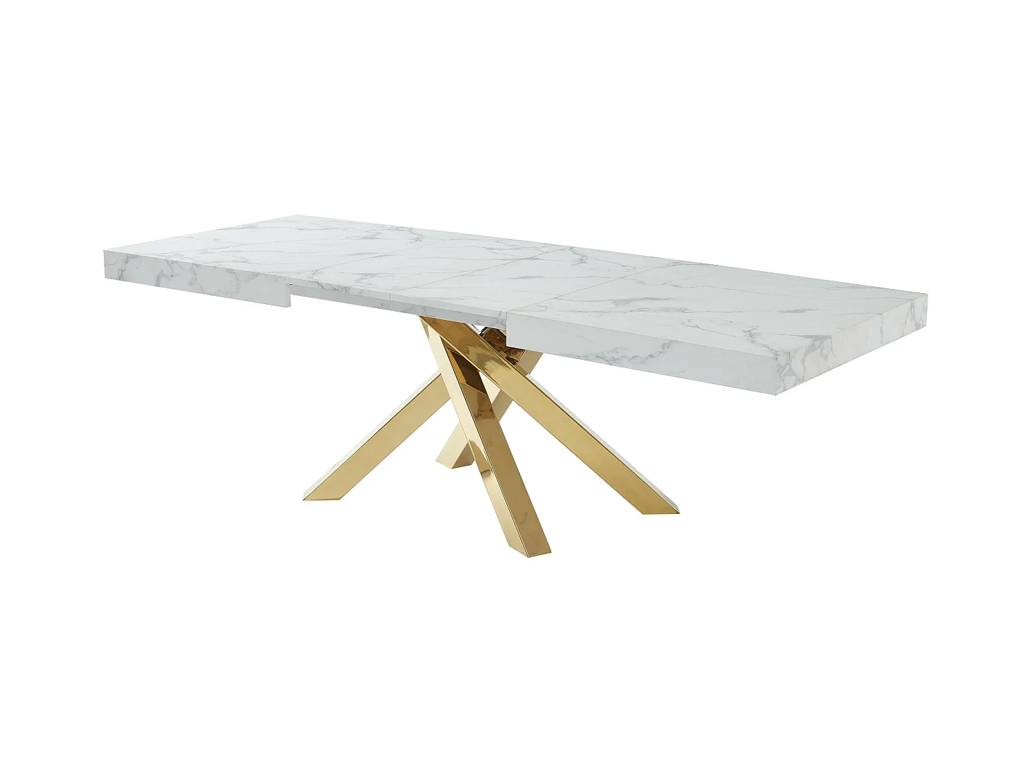 Mesa extensible de comedor 6 a 10 cubiertos de MDF y metal - Efecto mármol blanco y dorado - CATONAV