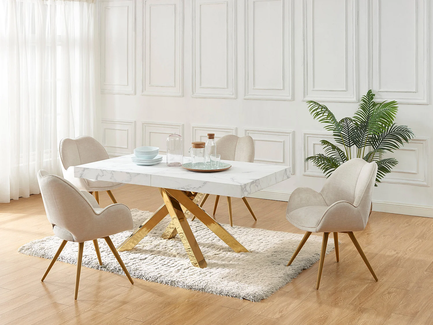 Table à manger extensible 6 à 10 personnes en MDF et métal - Effet marbre blanc et doré - CATONAV