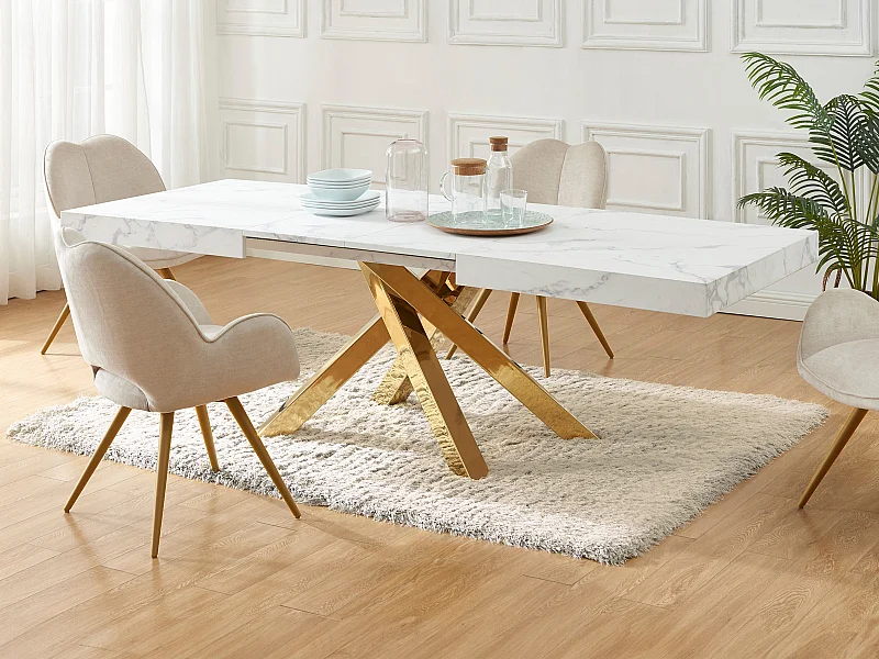 Table à manger extensible 6 à 10 personnes en MDF et métal - Effet marbre blanc et doré - CATONAV