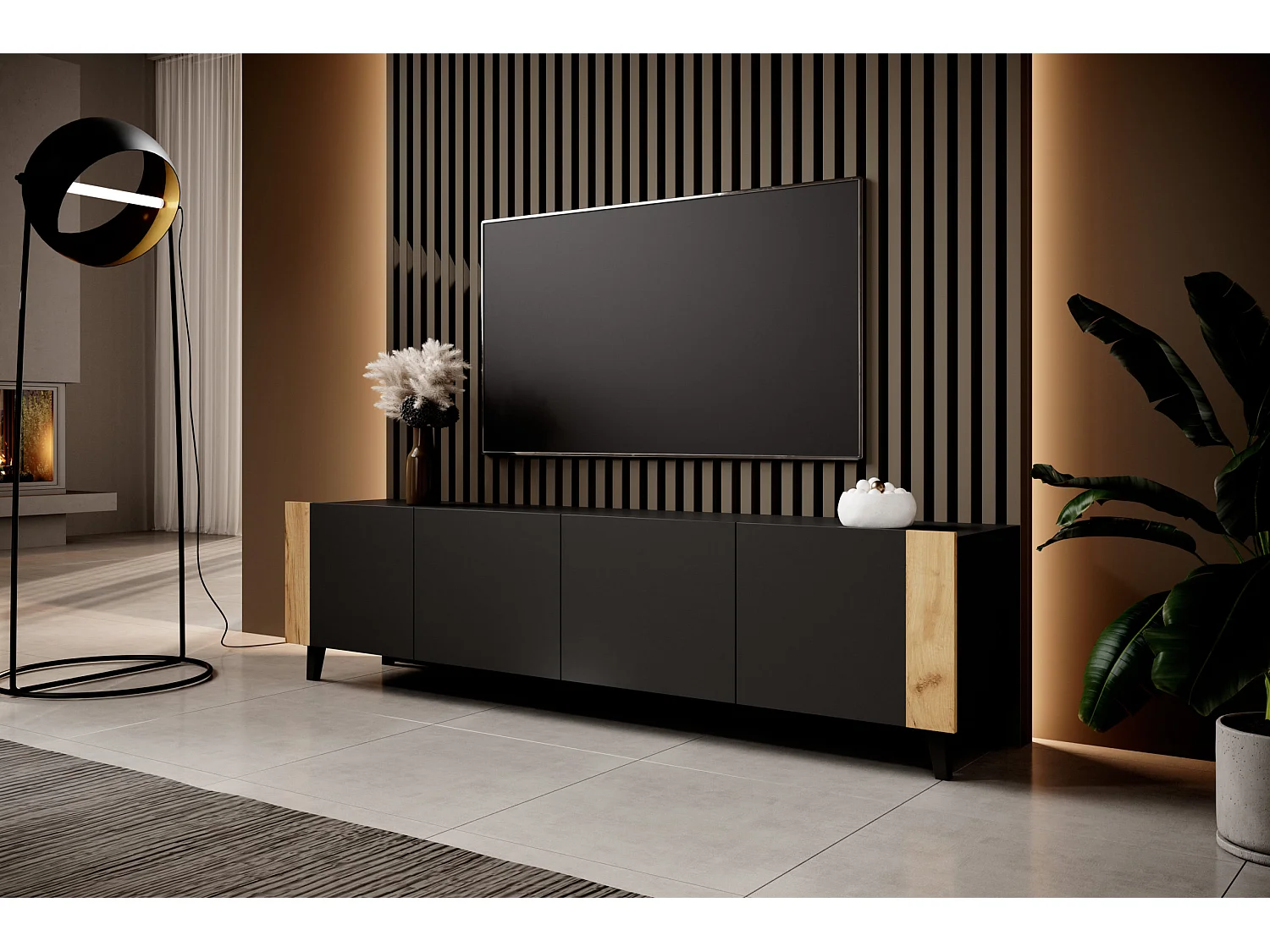 Mobile TV PHARE 200 cm - 4 ante - nero opaco / quercia craft