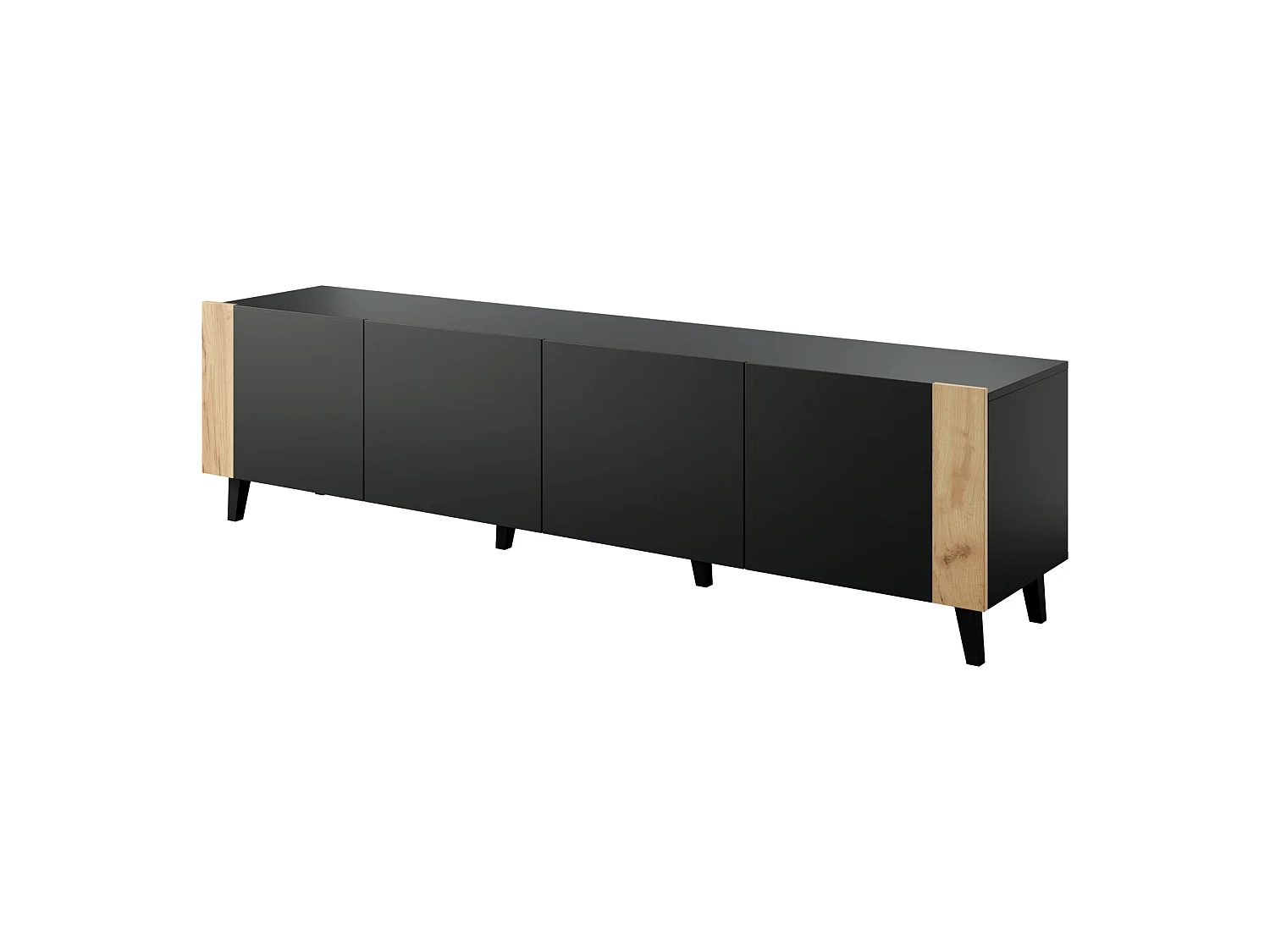 Meuble TV PHARE 200 cm - 4 portes - noir mat / chêne craft