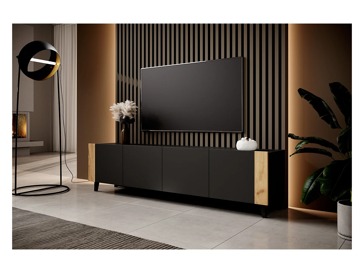 Meuble TV PHARE 200 cm - 4 portes - noir mat / chêne craft
