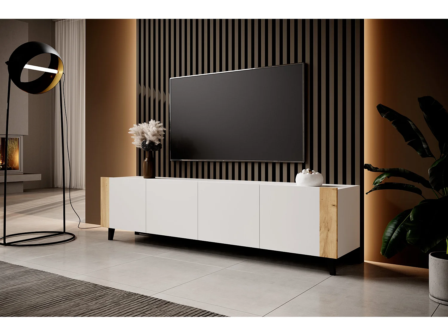 Meuble TV PHARE 200 cm - 4 portes - blanc mat / chêne craft