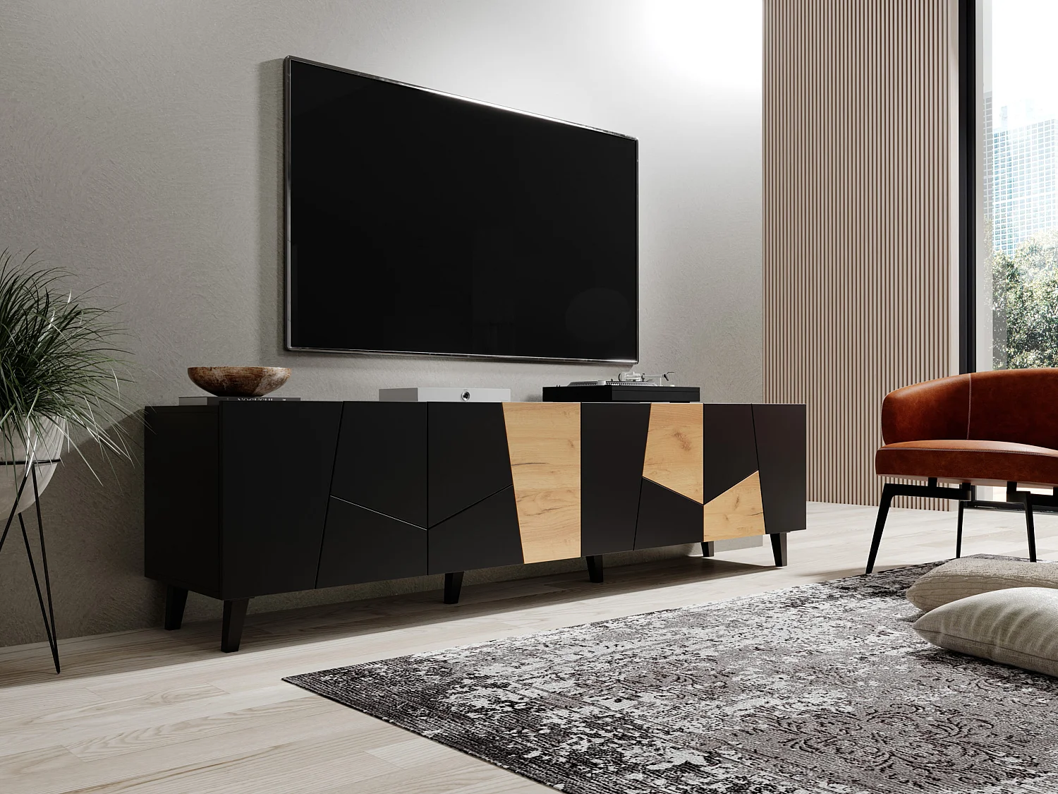 Mobile TV VITRAIL 200 cm - 4 ante - nero opaco / quercia craft