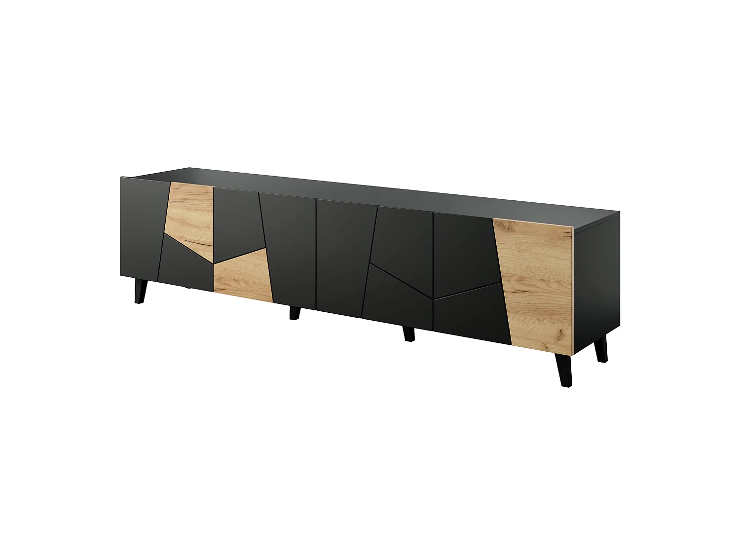 Meuble TV VITRAIL 200 cm - 4 portes - noir mat / chêne craft
