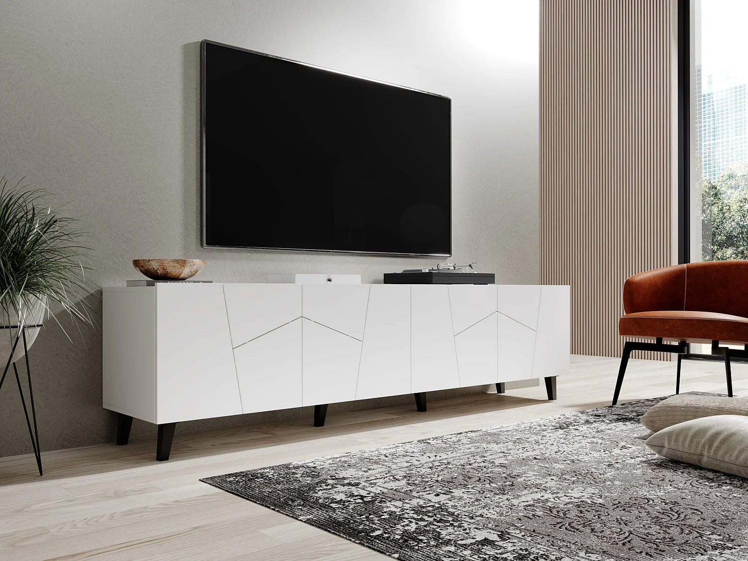 Mueble de TV VITRAIL 200 cm - 4 puertas - blanco mate