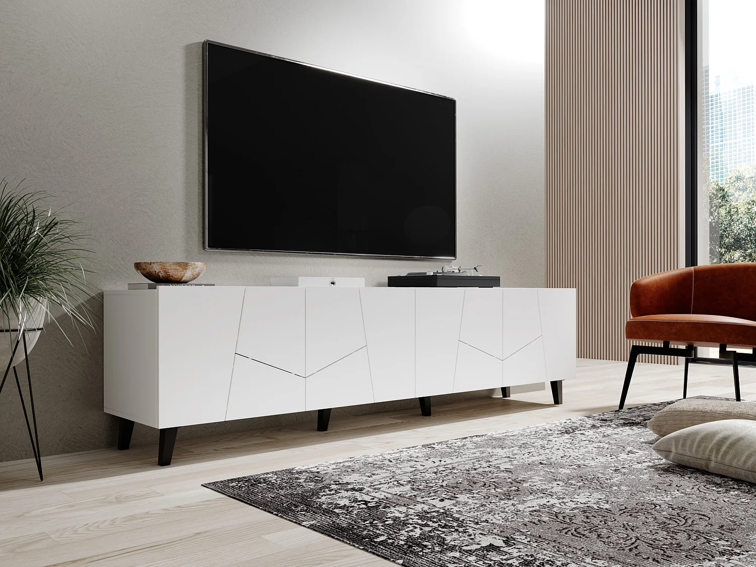 Meuble TV VITRAIL 200 cm - 4 portes - blanc mat