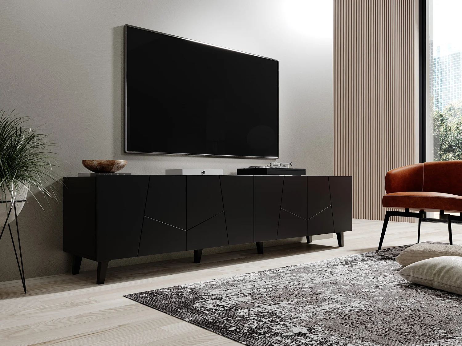 TV-meubel VITRAIL 200 cm - 4 deuren - mat zwart