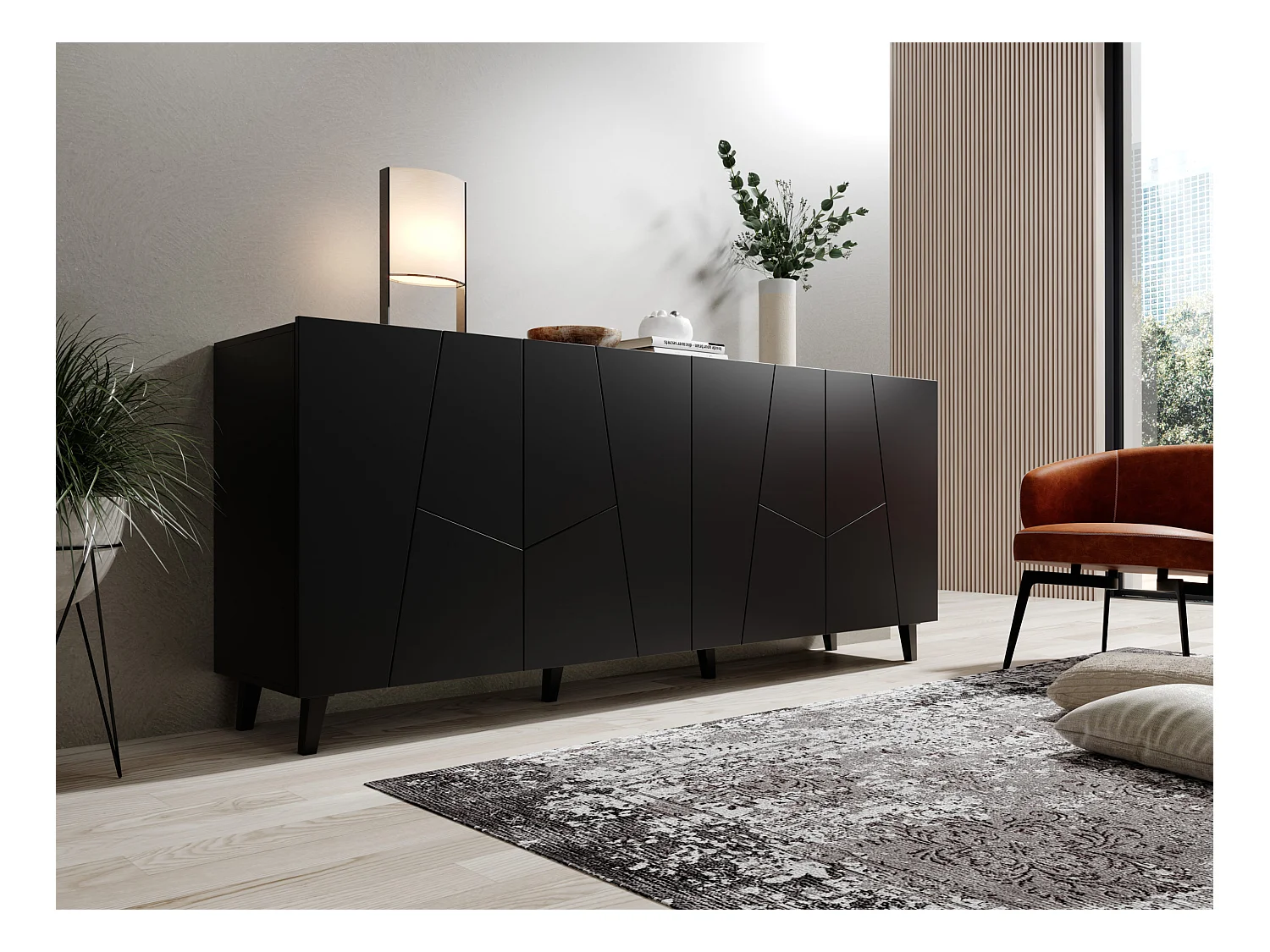 Commode VITRAIL 200 cm - Buffet avec 4 portes - noir mat