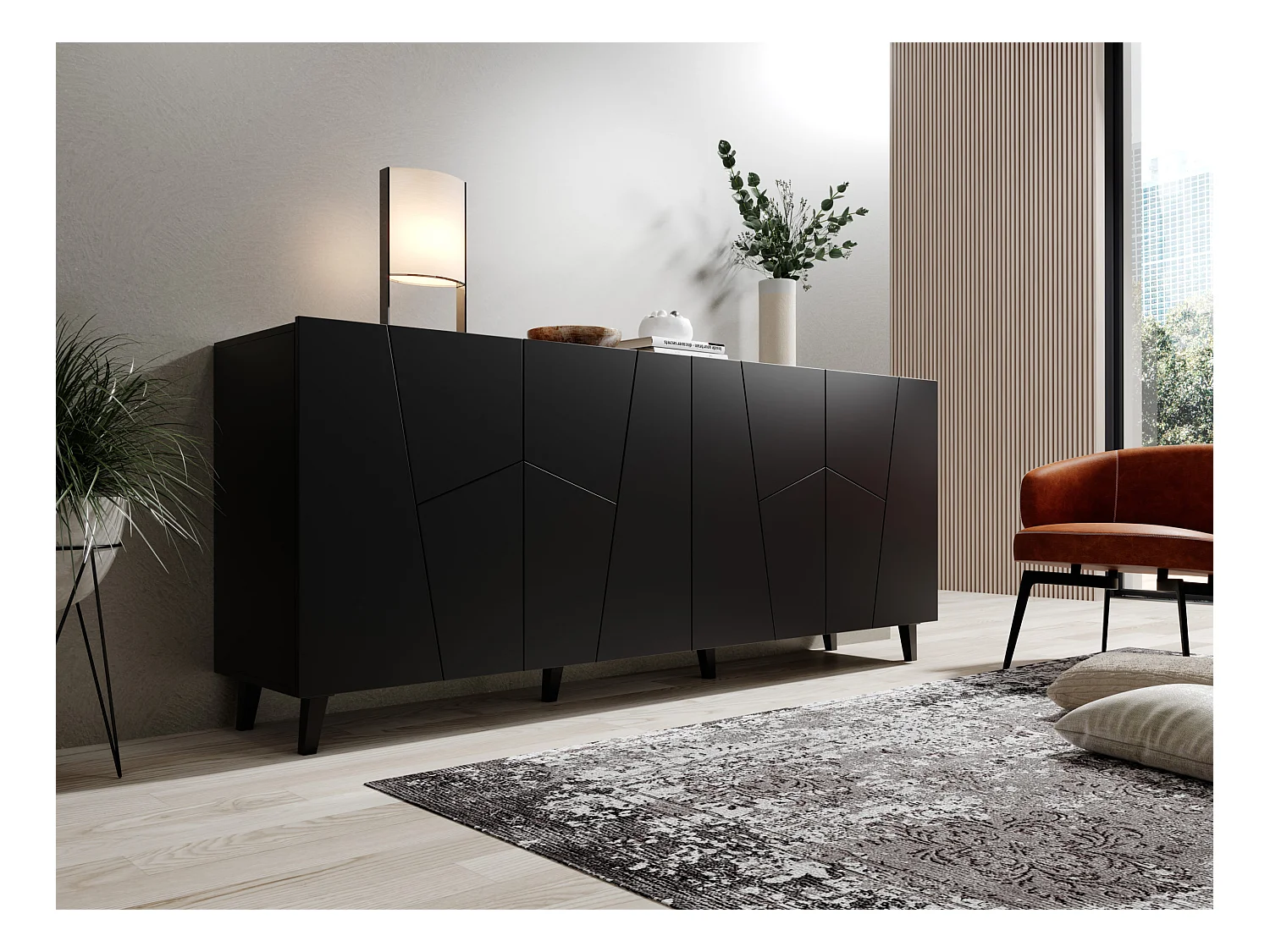 Commode VITRAIL 200 cm - Buffet avec 4 portes - noir mat