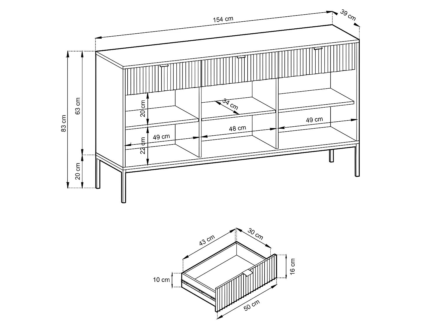 Ladenkast NOVA SANDS KSZ154 met 3 lade mat zwart
