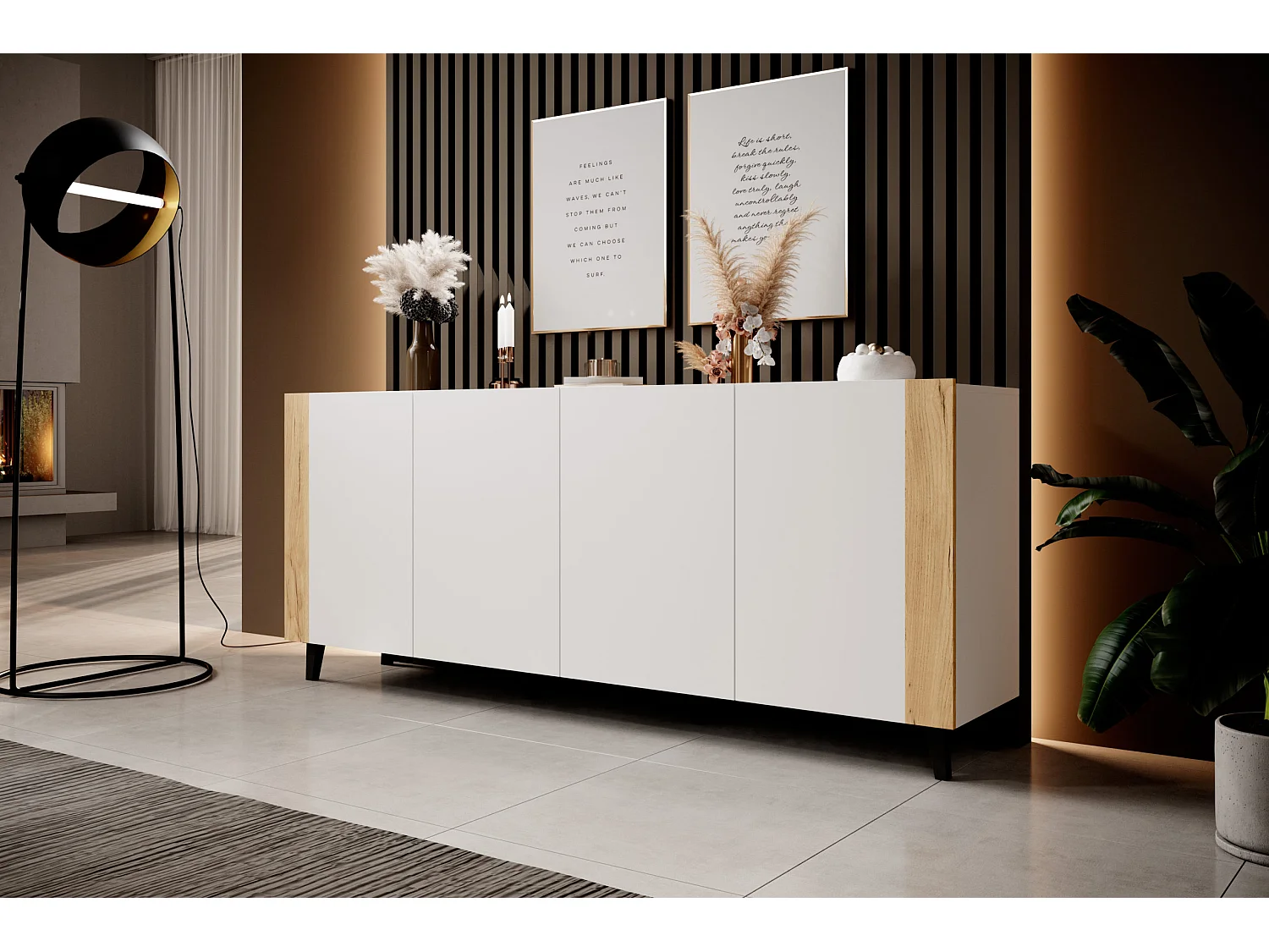 Commode PHARE 200 cm - Buffet 4 portes - blanc mat / chêne craft