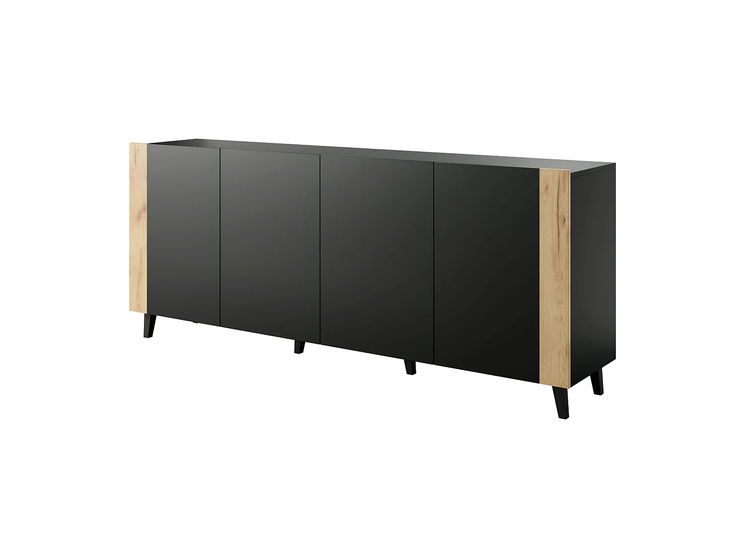 Commode PHARE 200 cm - Buffet 4 portes - noir mat / chêne craft