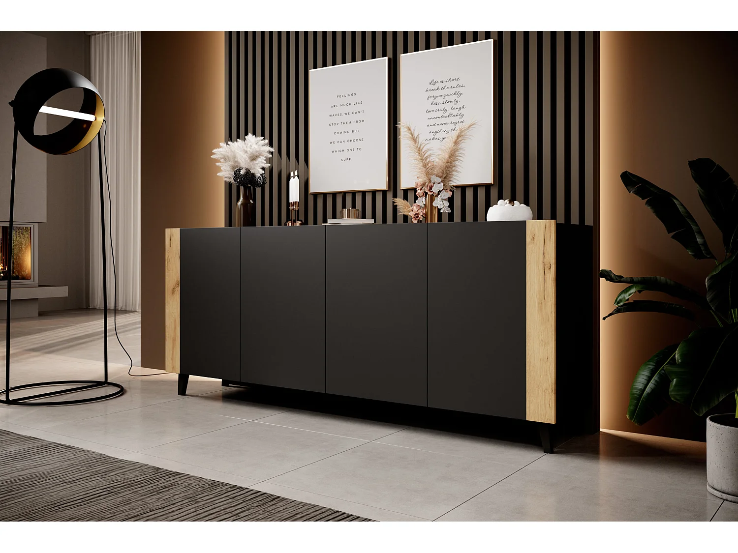 Commode PHARE 200 cm - Buffet 4 portes - noir mat / chêne craft