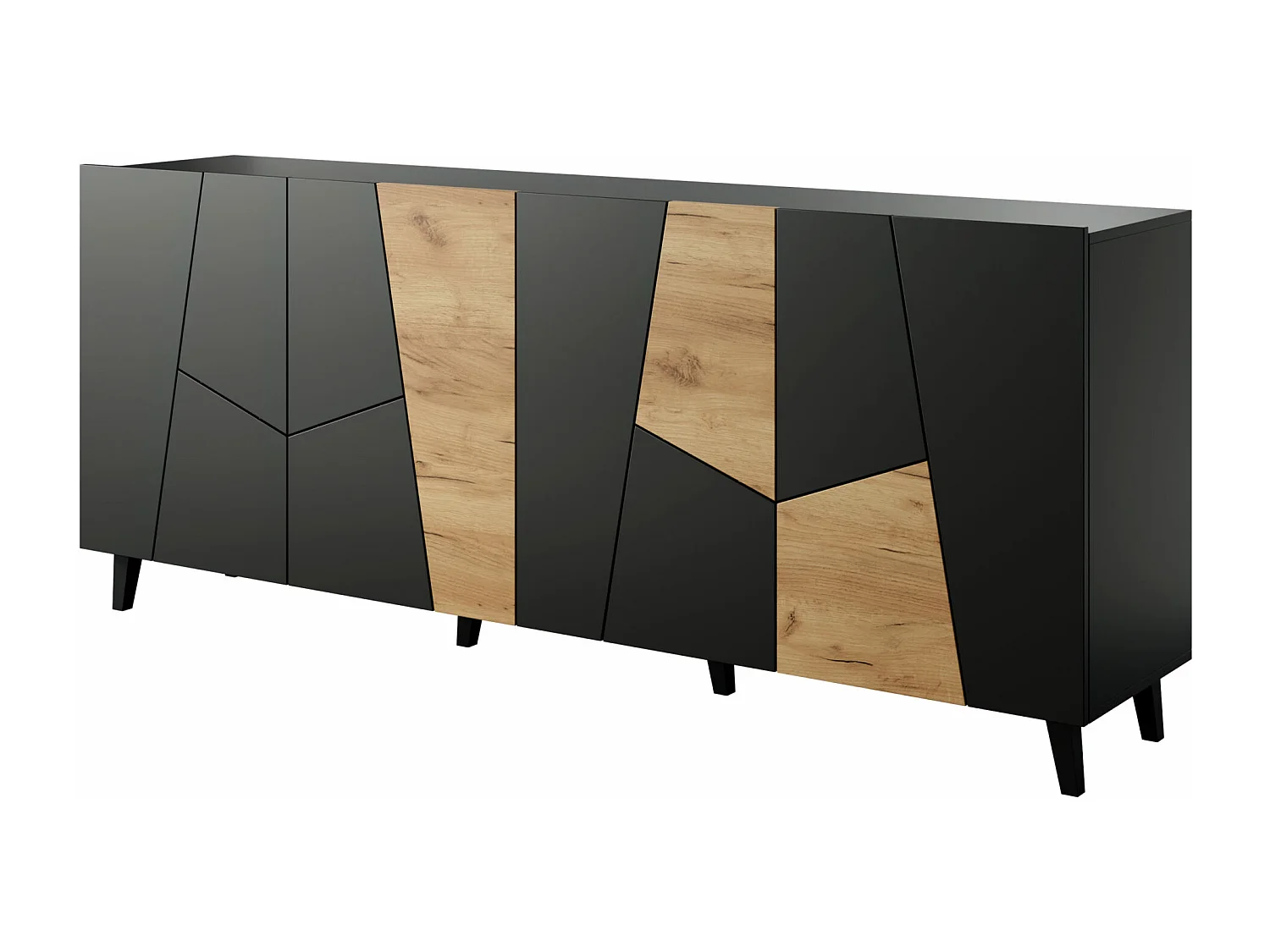 Kommode VITRAIL 200 cm - 4 Türen - Schwarz Matt / Craft Eiche