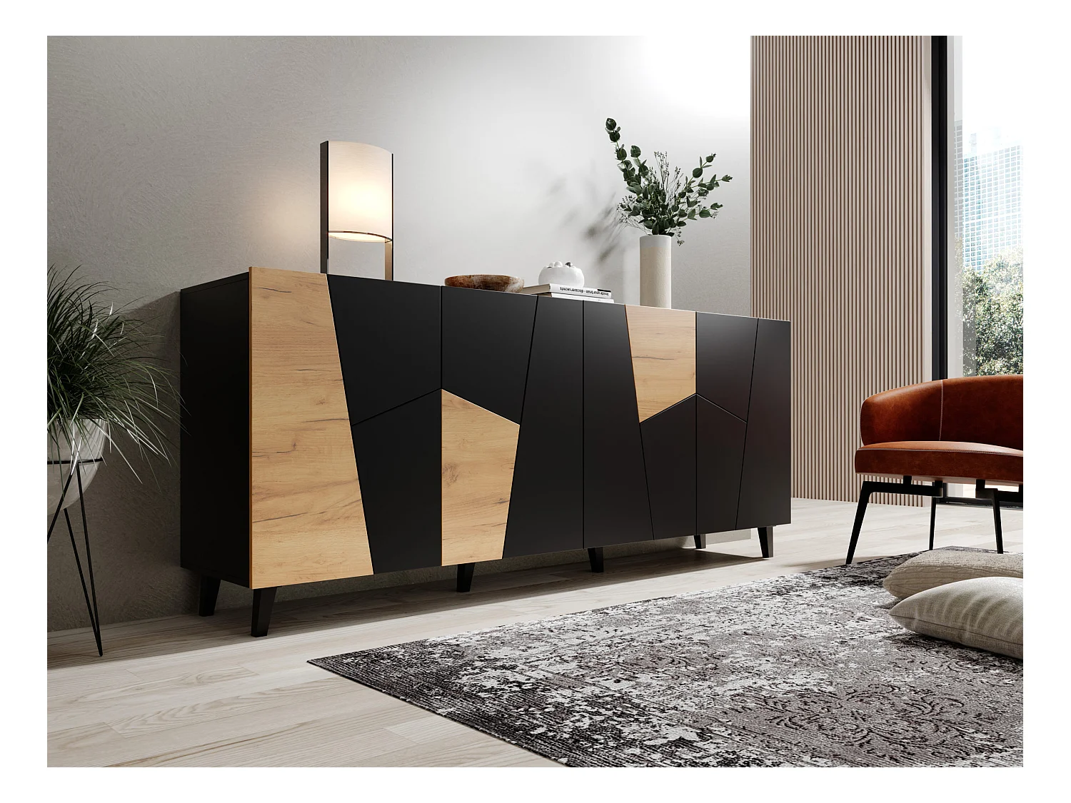 Commode VITRAIL 200 cm - Buffet avec 4 portes - noir mat / chêne craft