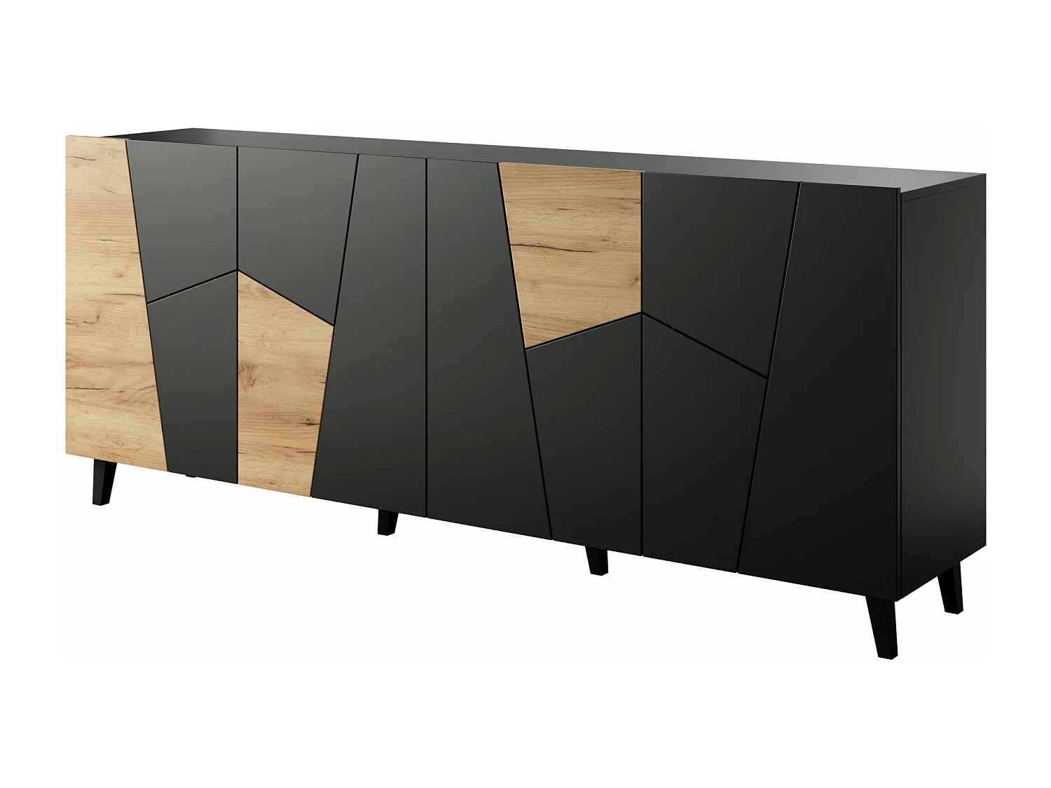 Comò VITRAIL 200 cm - 4 ante - nero opaco / quercia craft