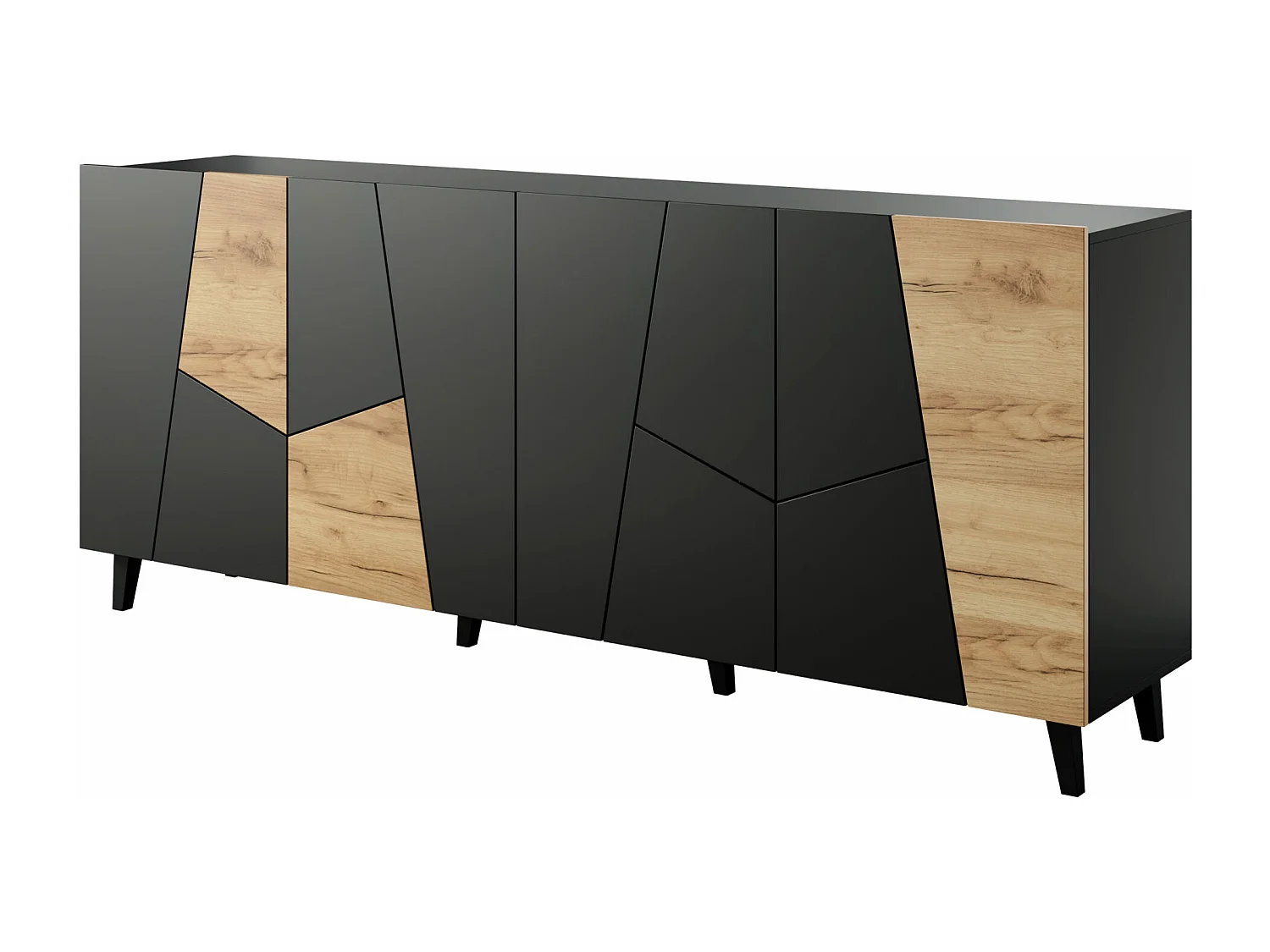 Ladekast VITRAIL 200 cm - 4 deuren - mat zwart / craft eiken