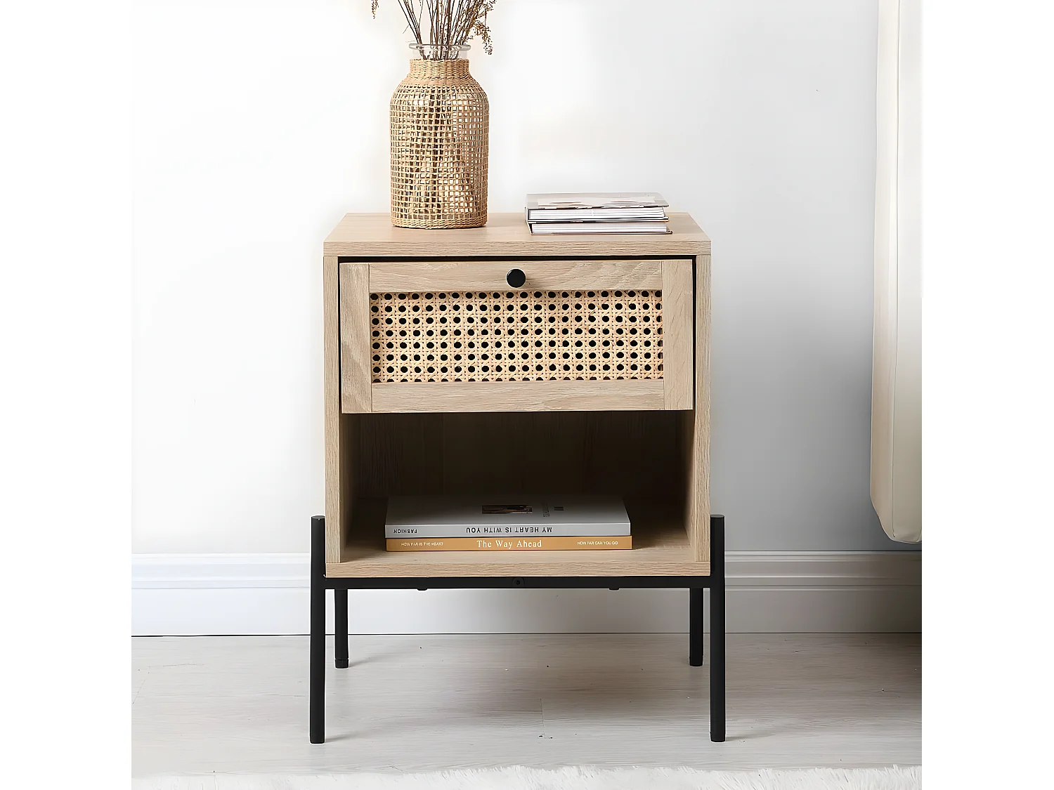 Table de chevet 1 tiroir en cannage naturel et effet chêne 40 cm - Iris