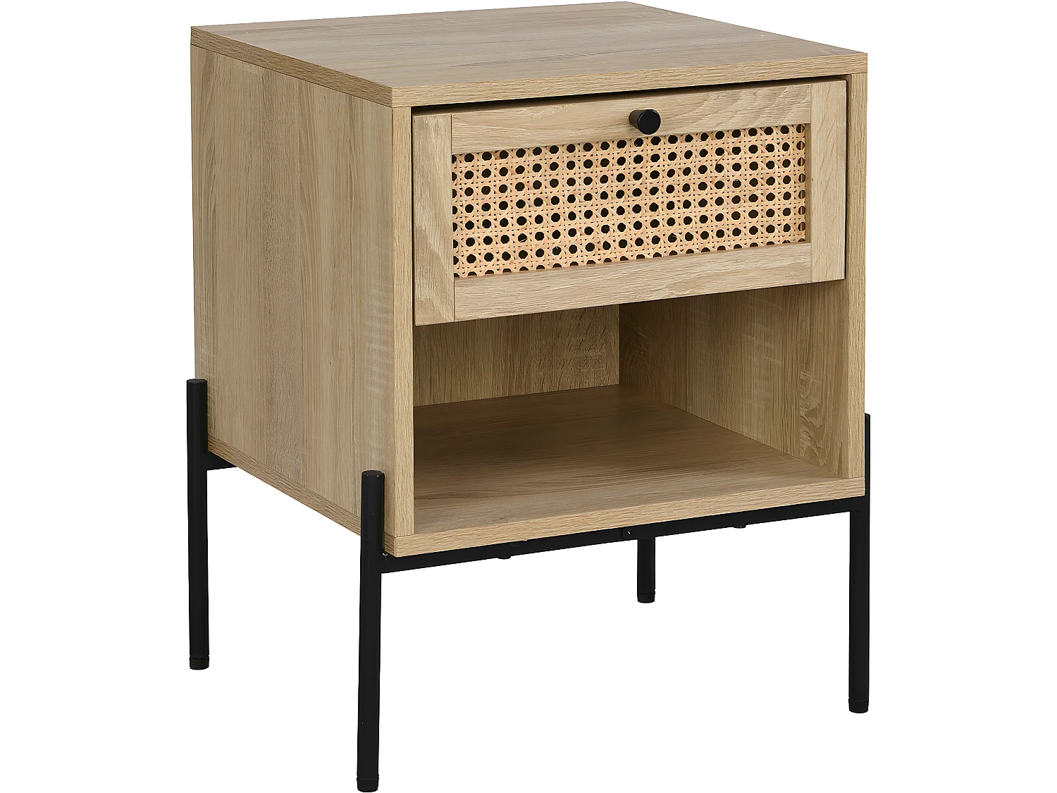 Table de chevet 1 tiroir en cannage naturel et effet chêne 40 cm - Iris