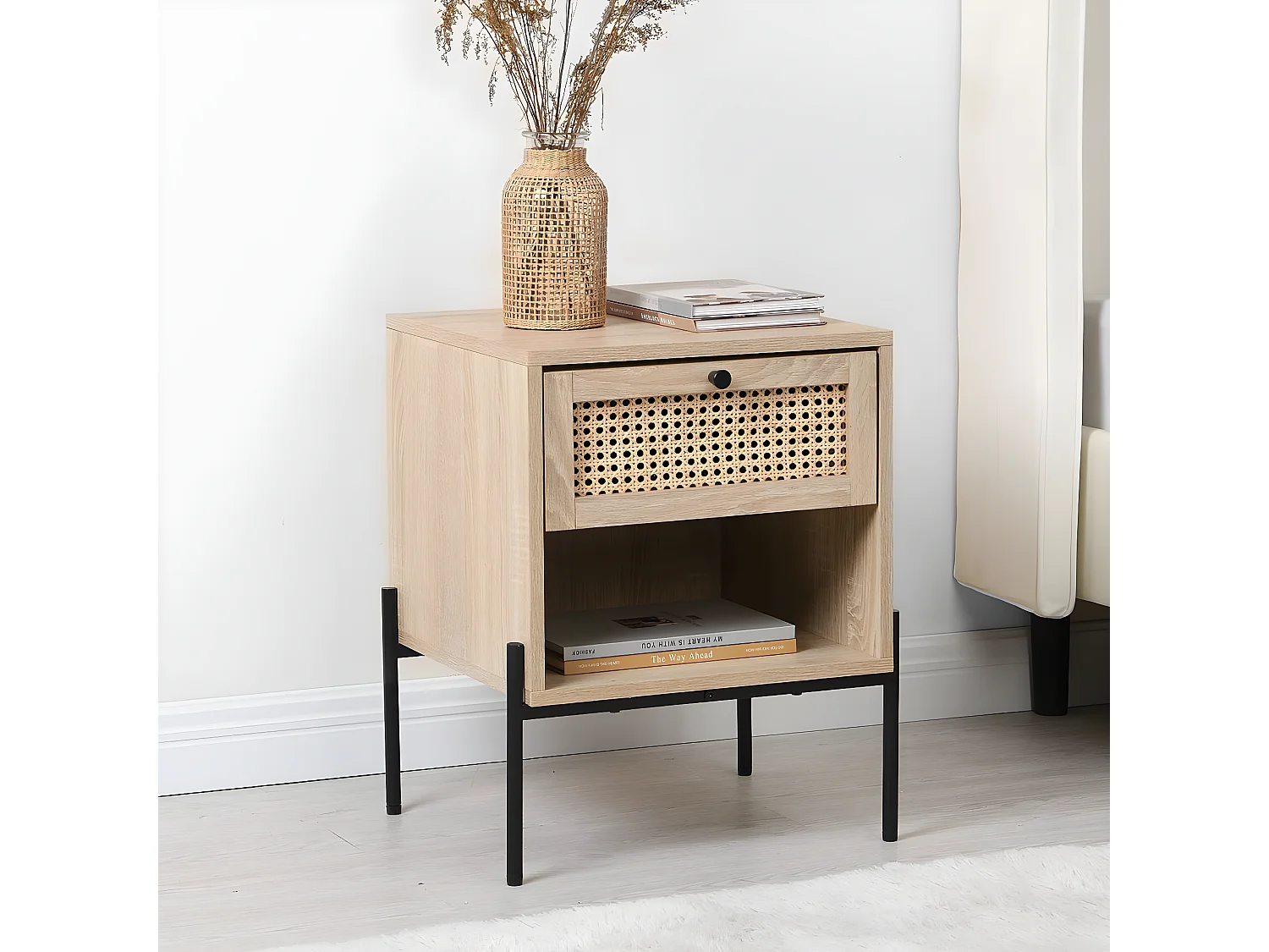 Table de chevet 1 tiroir en cannage naturel et effet chêne 40 cm - Iris