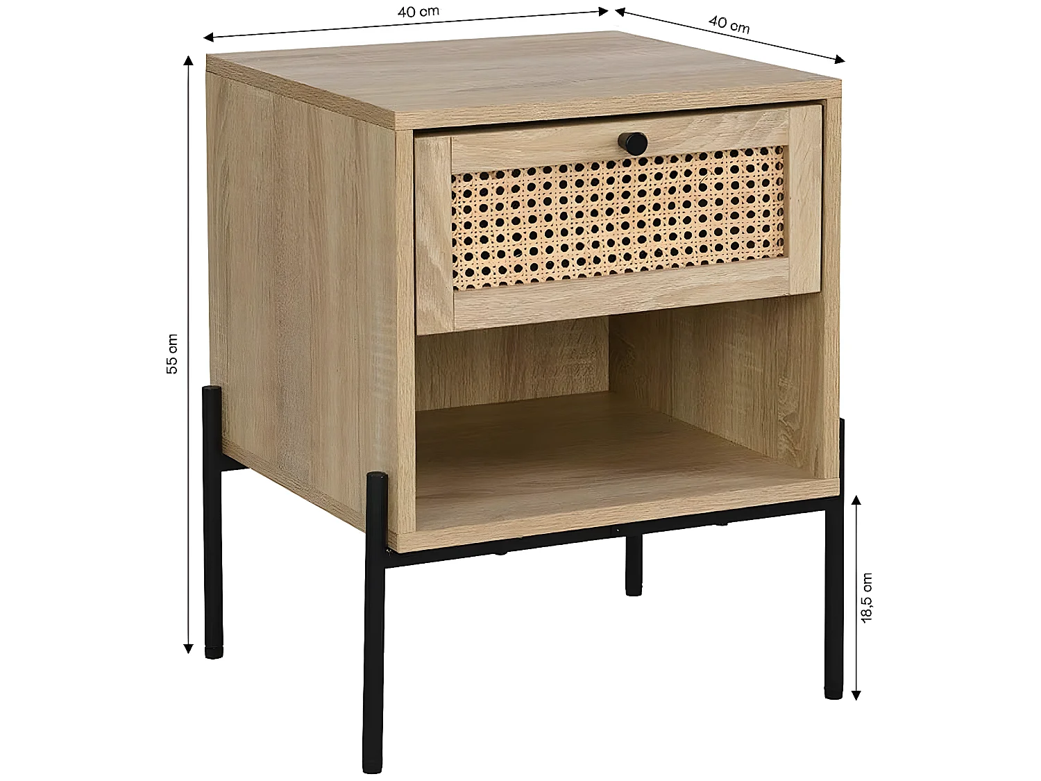 Table de chevet 1 tiroir en cannage naturel et effet chêne 40 cm - Iris