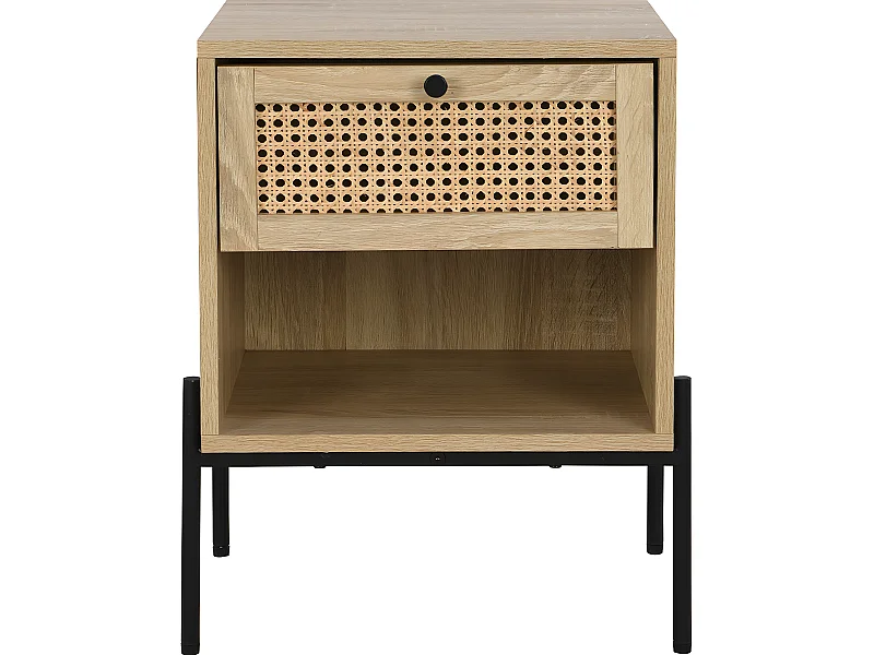 Table de chevet 1 tiroir en cannage naturel et effet chêne 40 cm - Iris