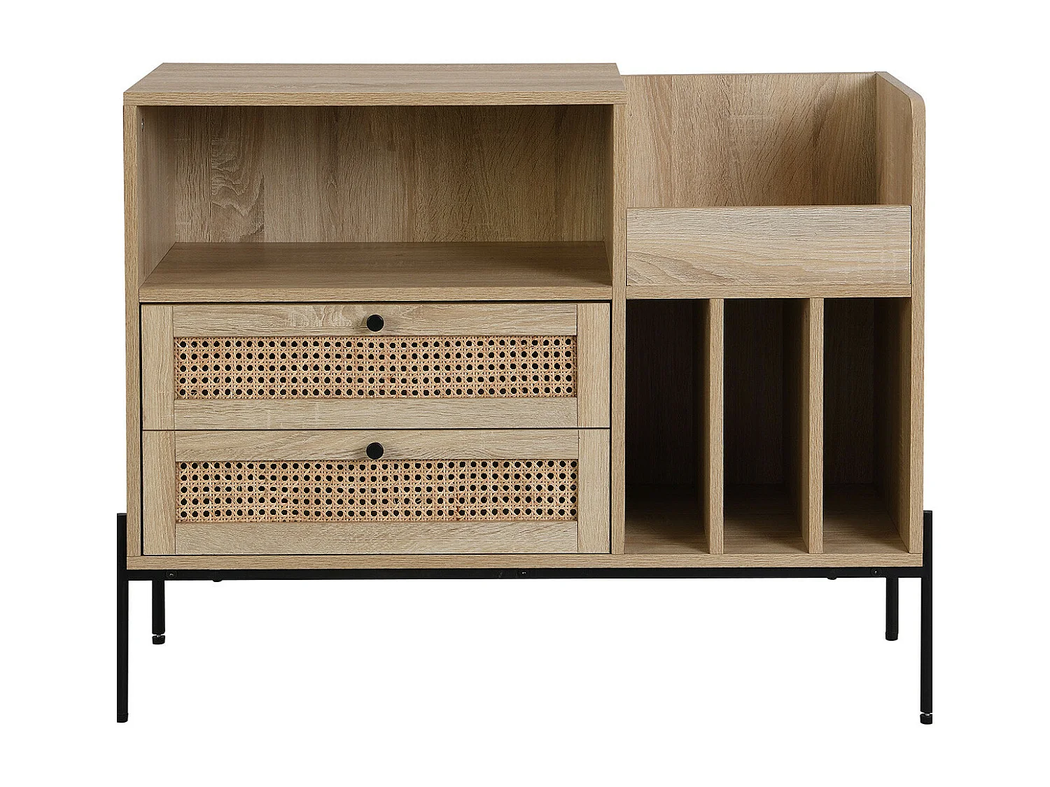 Meuble range vinyles 2 tiroirs en cannage naturel et effet chêne 90 cm - Iris
