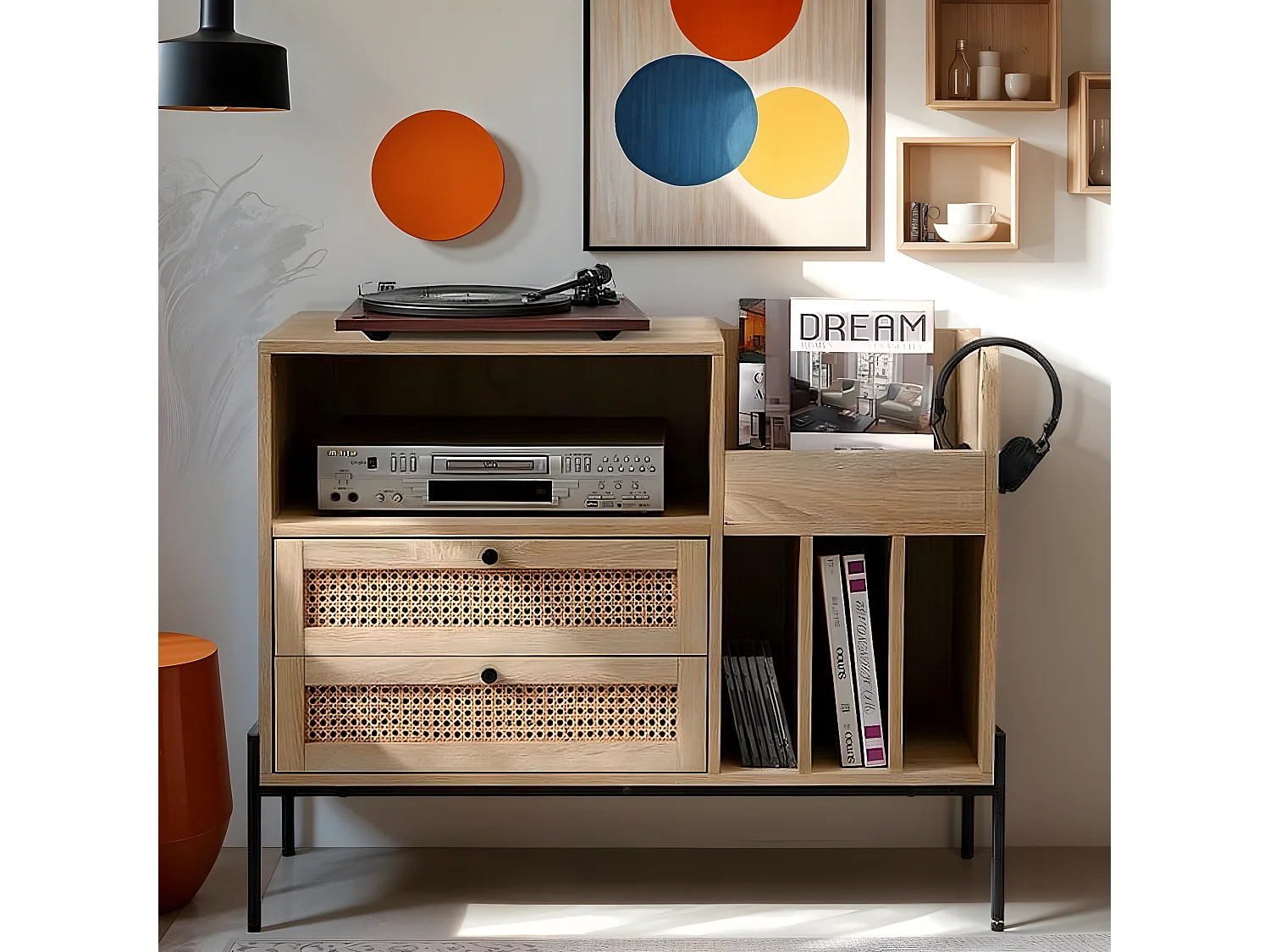 Meuble range vinyles 2 tiroirs en cannage naturel et effet chêne 90 cm - Iris