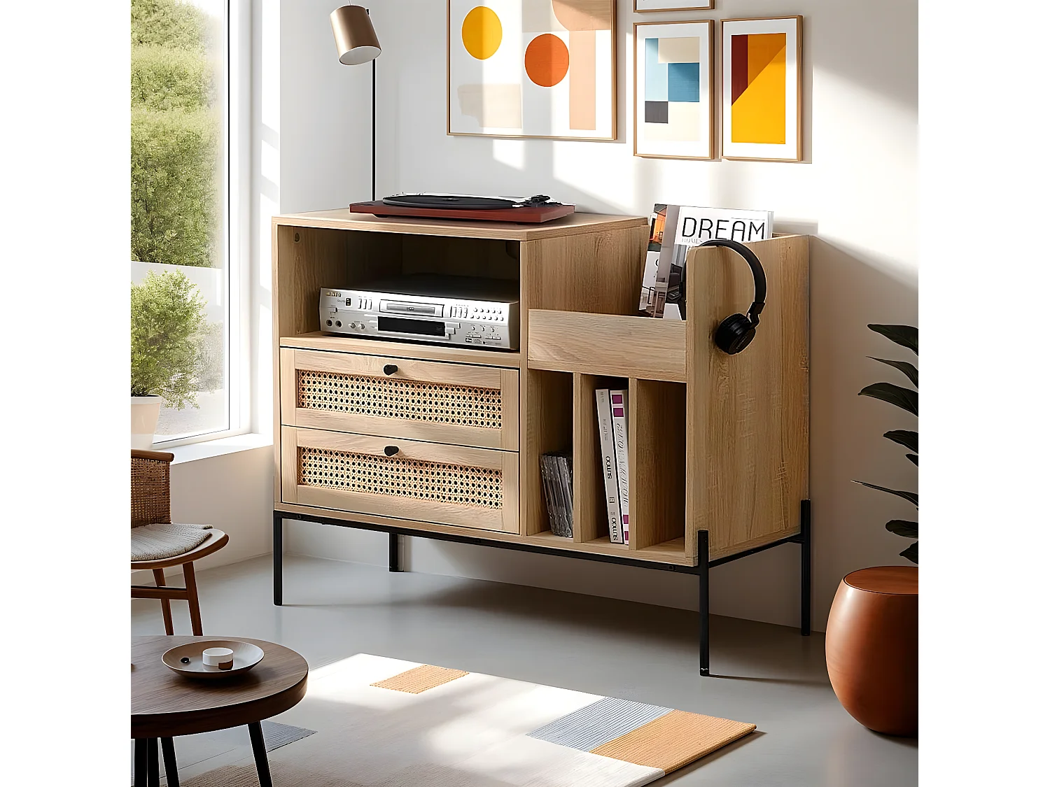 Meuble range vinyles 2 tiroirs en cannage naturel et effet chêne 90 cm - Iris