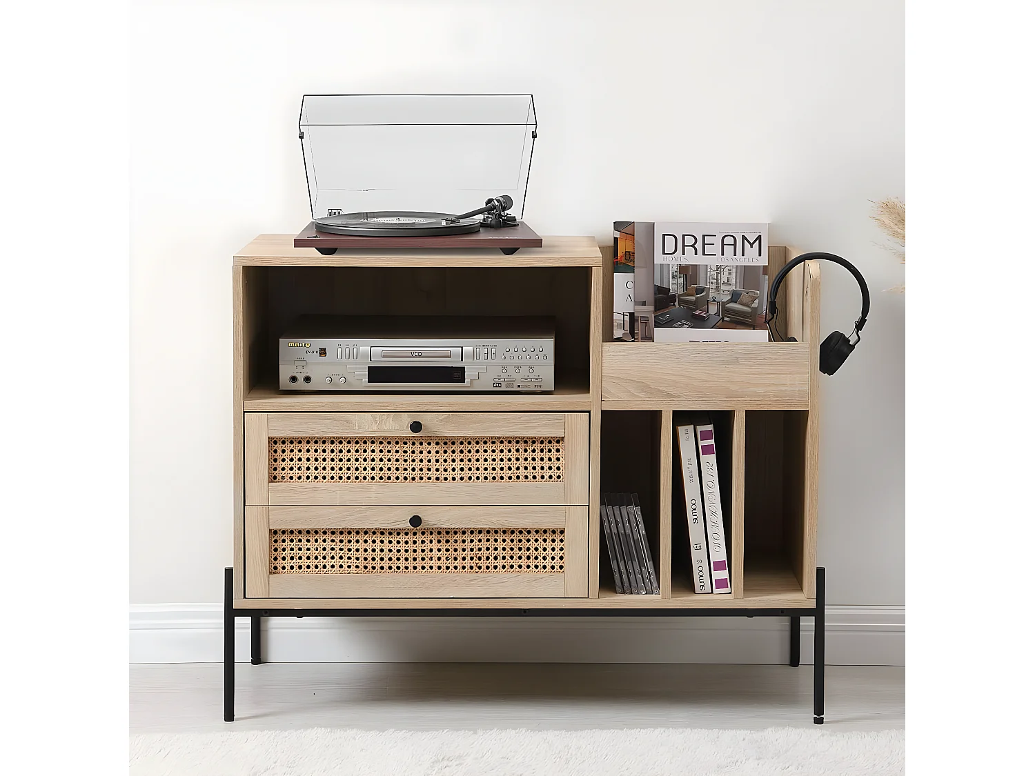 Meuble range vinyles 2 tiroirs en cannage naturel et effet chêne 90 cm - Iris