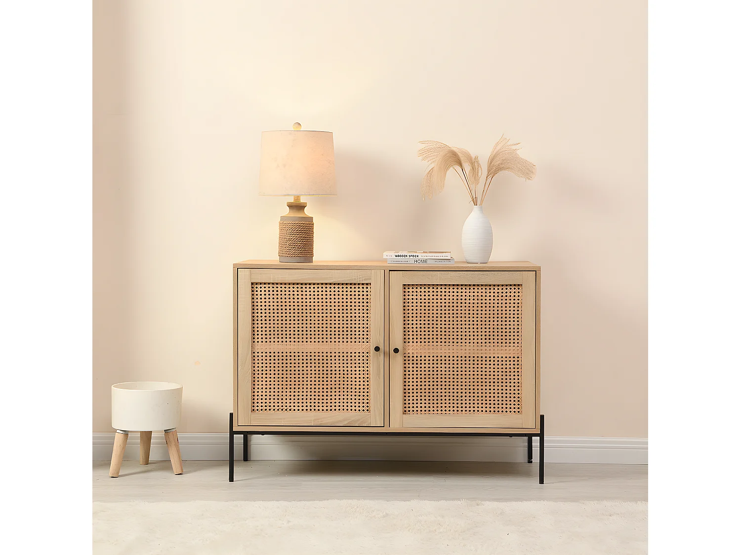 Buffet 2 portes en cannage naturel et effet chêne 110 cm - Iris