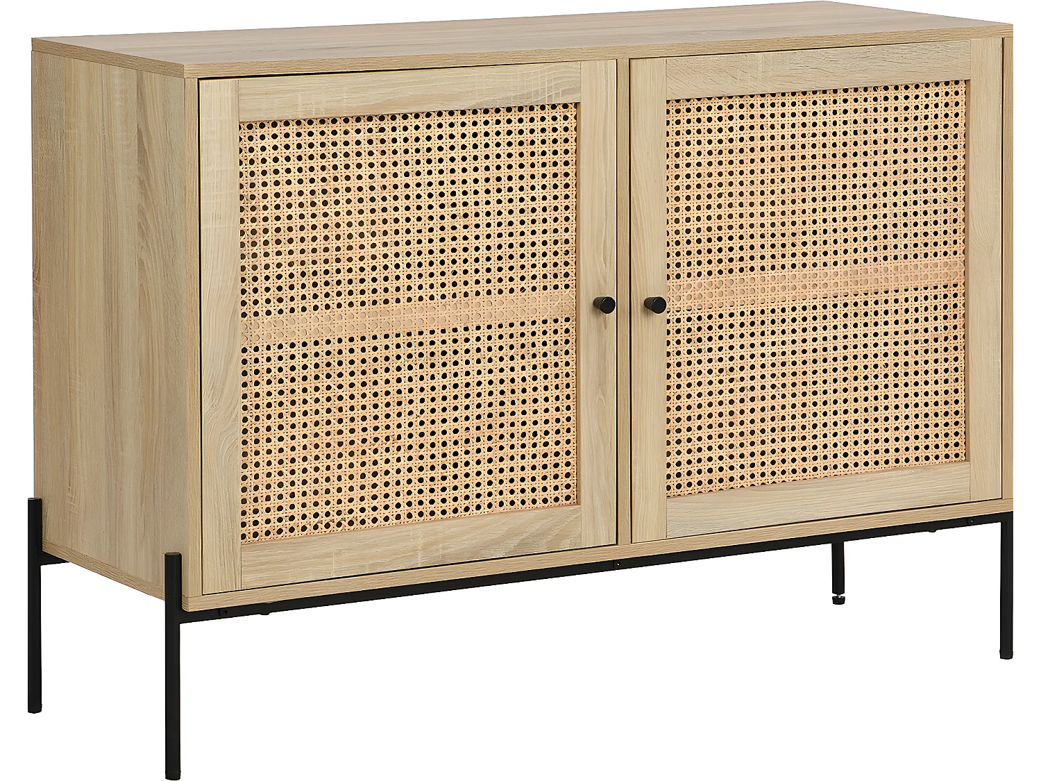 Buffet 2 portes en cannage naturel et effet chêne 110 cm - Iris