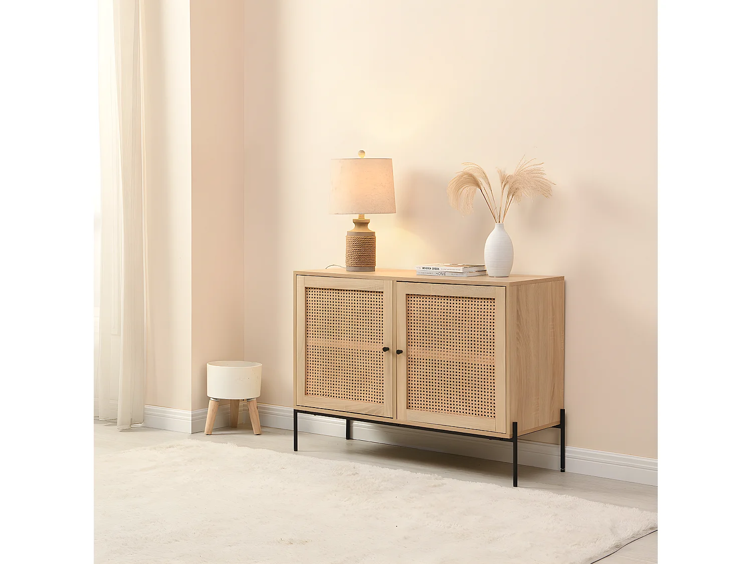 Buffet 2 portes en cannage naturel et effet chêne 110 cm - Iris