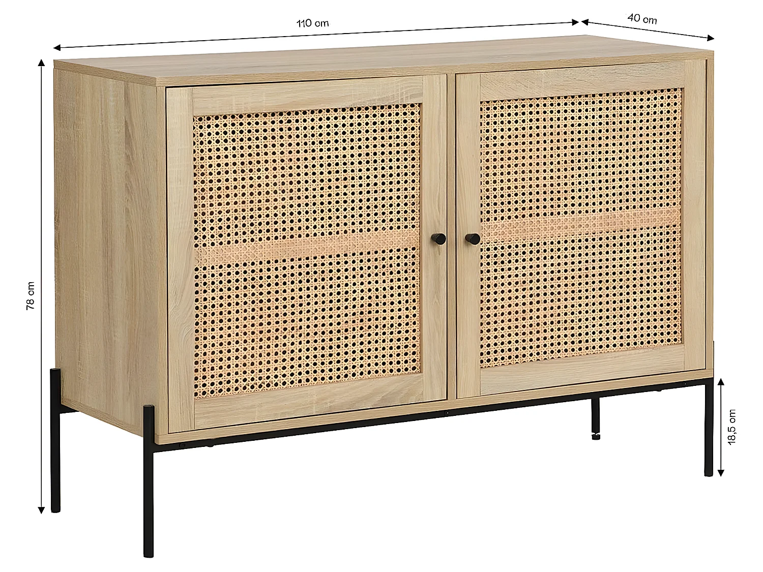Buffet 2 portes en cannage naturel et effet chêne 110 cm - Iris