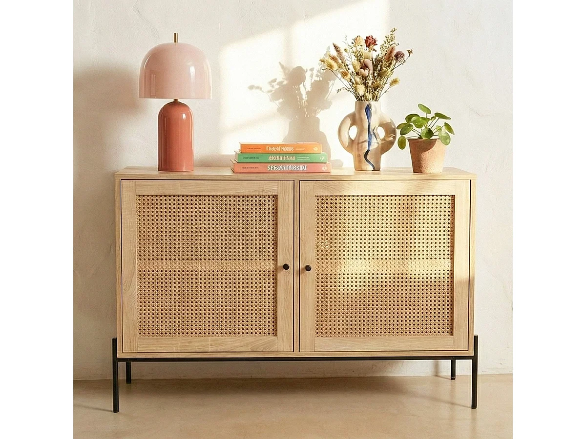 Buffet 2 portes en cannage naturel et effet chêne 110 cm - Iris